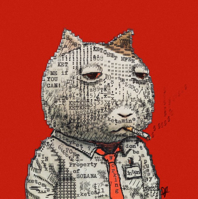 Artwork depicting a grumpy-looking cat or bulldog composed entirely of computer code and text snippets like 'KET', 'KETAMIN', and 'Property of SOEANA', set against a bold red background.