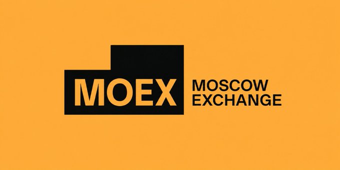 The image displays the Moscow Exchange (MOEX) logo, featuring bold "MOEX" lettering alongside the full "MOSCOW EXCHANGE" name against an orange background. This branding directly relates to the announcement of MOEX launching five perpetual futures contracts for cryptocurrencies (BTC, ETH, SOL, XRP, and TRX), available exclusively to qualified investors with USD-quoted, ruble-settled, cash-settled terms.