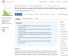 A Nature scientific paper titled 'Bitcoin mining as supply-side flexibility in Irish wind energy integration' by Energy Economics authors.