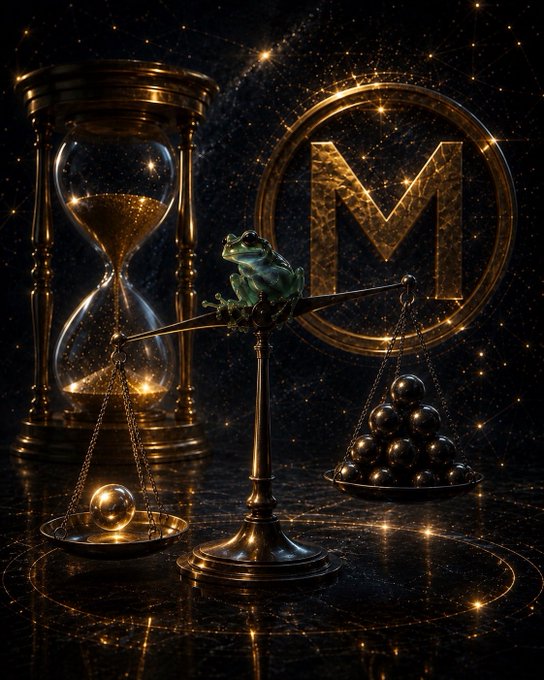 A glowing hourglass, a balance scale with a frog atop it weighing a single golden sphere against a pile of dark orbs, and an emblem bearing the letter "M" represent the passage of time and value behind the simulation of holding 10,000 METAL tokens amid a shrinking supply and growing scarcity.