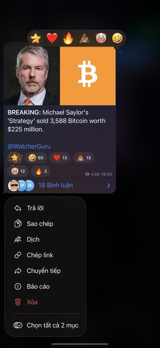 A Twitter/X post from @WatcherGuru reporting breaking news: Michael Saylor's 'Strategy' sold 3,588 Bitcoin worth $225 million, with Vietnamese interface options visible.