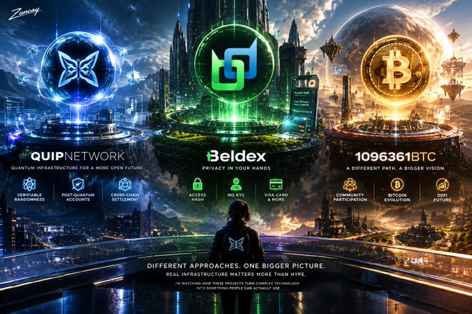 Promotional graphic for 'Zincoy' featuring three crypto projects: QUIP Network ('Quantum Infrastructure for a More Open Future'), Beldex ('Privacy in Your Hands'), and 1096361BTC ('A Different Path. A Bigger Vision').