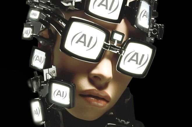 A surreal portrait of a woman's face surrounded by multiple small monitors displaying '(AI)' logos, suggesting an AI-driven or cybernetic theme.