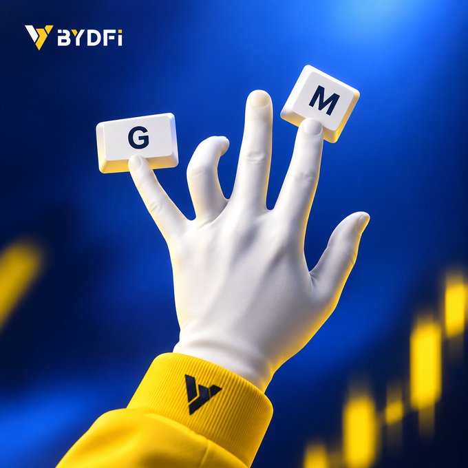 A 3D-rendered white-gloved hand holds white dice with the letters 'G' and 'M' against a blue and yellow background, with the 'BYDFi' logo visible in the corner.
