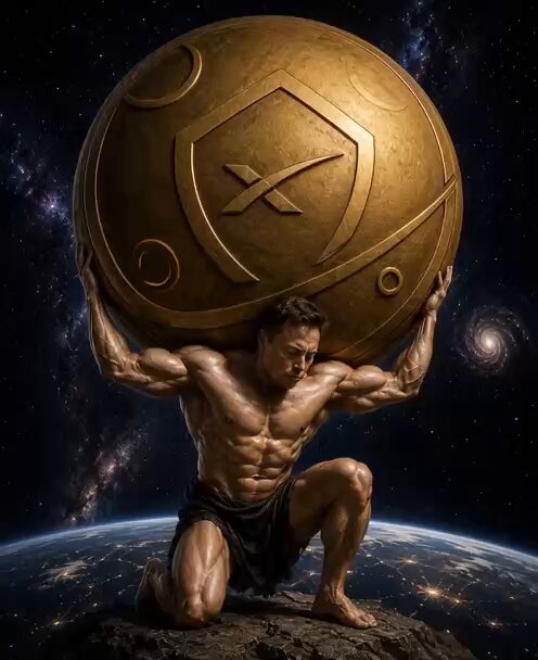 The image features a muscular man with a large golden ball being held above his head, as if he's Atlas himself. The man is wearing black shorts and appears to be in a crouched position, ready to support the weight of the world on his shoulders. In the background, there are stars visible against the dark sky, which adds depth and context to the scene. The caption "Atlas shrugged so that Elon could carry the world" suggests that this image is related to the story behind the creation of the company SpaceX, where Musk was seen holding a golden ball above his head as if it were Atlas himself.