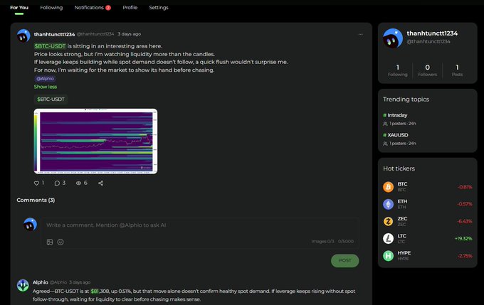 A screenshot of an X (Twitter) post by 'thanhthunctt1234' commenting on '$BTC-USDT' market activity, showing a chart and 'Hot tickers' including BTC, ETH, ZEC, LTC, and HYPX.