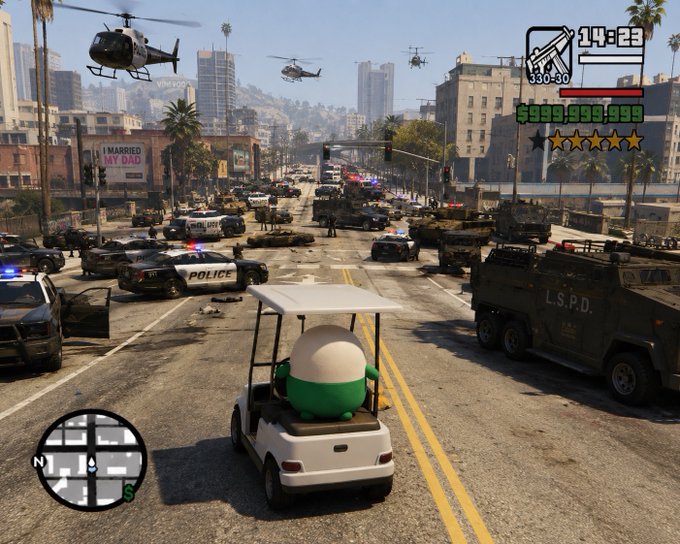 A golf cart driven by a Keroppi-like green character sits in the middle of a chaotic Los Santos street clogged with police cars, L.S.P.D. tanks, and circling helicopters, with $999,999,999, a 5-star wanted level, and 14:28 on the HUD—capturing the tongue-in-cheek peak of GTA chaos.