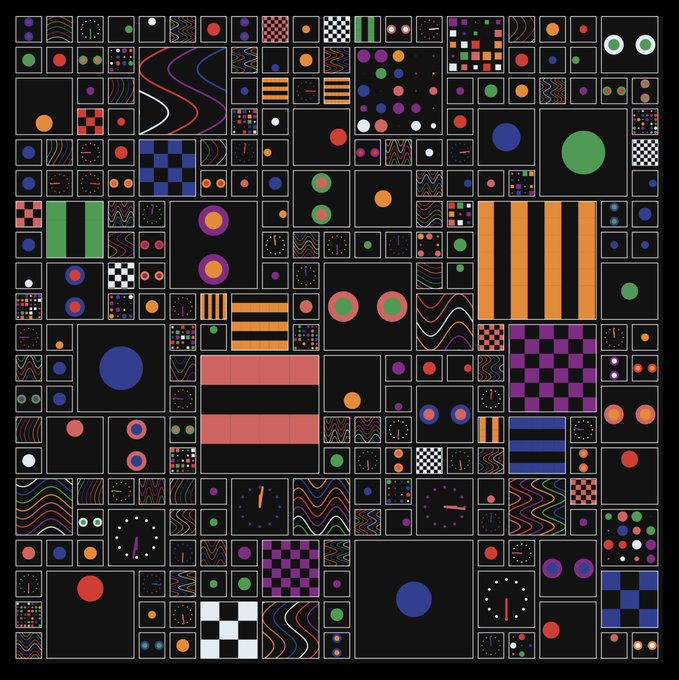 An abstract geometric composition featuring a grid of black squares containing various colorful patterns, dots, stripes, and checkerboard designs in red, green, blue, orange, and purple.