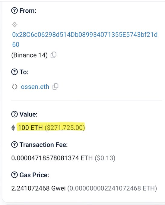 The image shows an Etherscan transaction receipt of a transfer of 100 ETH ($271,725) from a Binance 14 wallet (0x28C6c06298d514Db089934071355E743bf21d60) to ossen.eth, with a transaction fee of $0.13. This visually confirms the post's claim that ossen.eth just received 100 ETH into their wallet.