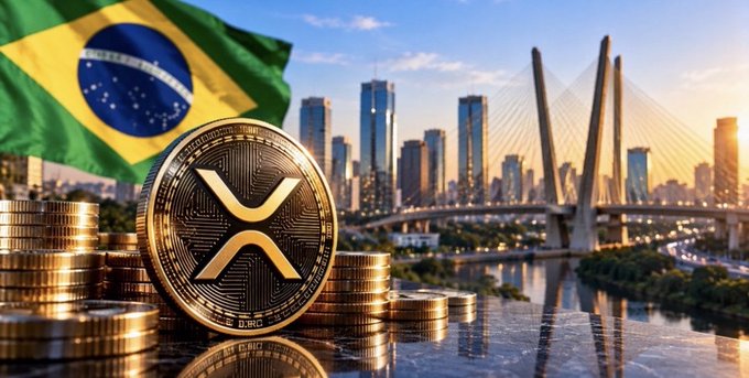 A promotional image showing a gold XRP (Ripple) cryptocurrency coin stacked with the Brazilian flag and a cityscape featuring a cable-stayed bridge in the background.
