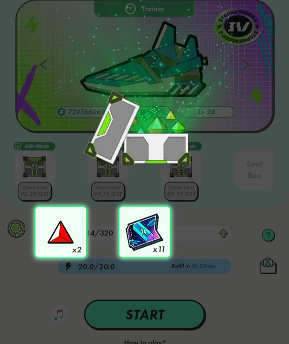 A mobile game screen showing a green and black sneaker labeled 'Trainer' and 'Lv 28' above a 'START' button, with gem and energy resource icons visible below.