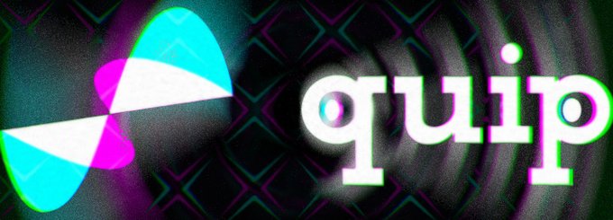 A stylized graphic banner displays the word 'quip' in white text beside a cyan and magenta parachute-like icon, set against a dark purple background with a faint grid pattern and concentric circle design.