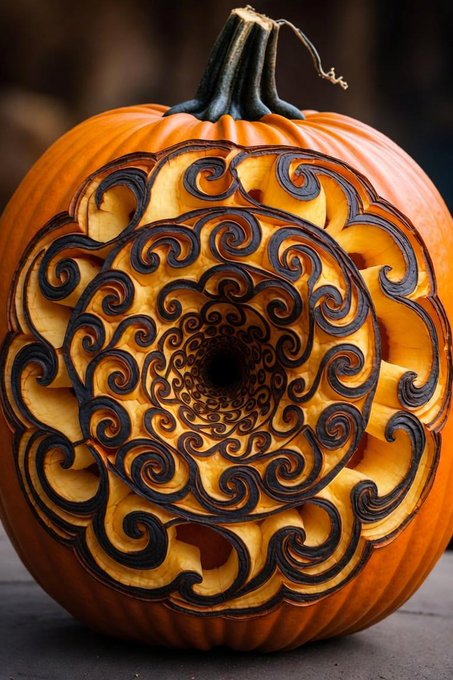 An intricately carved orange pumpkin featuring a mesmerizing spiral pattern with swirling, flame-like details going down into its center, set against a dark background.