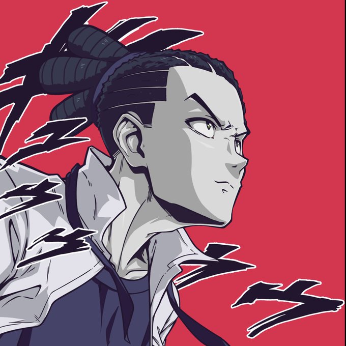 An anime-style illustration of a character with dark dreadlocks in profile against a bold red background, featuring sharp line art and stylized bird silhouettes.