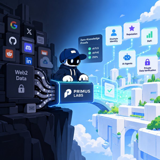 An illustrated graphic for 'PRIMUS LABS' shows a mascot on a cliff connecting 'Web2 Data' icons to Web3 concepts like 'Zero-Knowledge Proofs', 'Onchain Identity', 'DeFi', 'AI Agents', and 'Private Data Verification'.