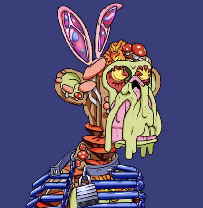 A colorful, surreal cartoon illustration featuring a green melting face-like creature, bunny ears, mushrooms, and other abstract elements bound together with chains against a dark blue background.