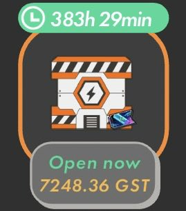 A game interface showing a timer of 383h 29min with an 'Open now' button revealing 7248.36 GST tokens.