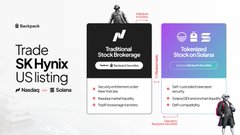 A Backpack Exchange announcement graphic promoting the 'Traditional Stock Exchange' with a 'Trade SK Hynix US listing' partnership, alongside a Tokenized Stocks on Solana section listing benefits like security and liquidity.