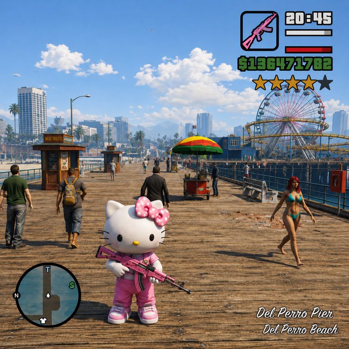 A Hello Kitty character in a pink tracksuit wields an assault rifle on a bustling Del Perro Pier, parodying a Grand Theft Auto loading screen with $136,471,782, a 4-star wanted level, and a pink SMG icon visible in the HUD — humorously suggesting the inevitable return to chaotic, criminal gameplay.