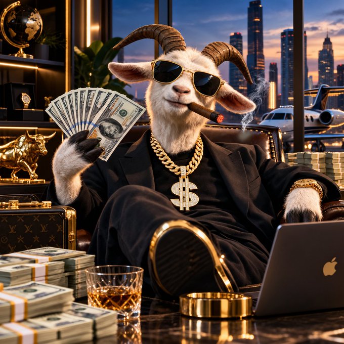A stylized image of a goat wearing sunglasses, a black suit, and a large gold '$' chain, holding a fan of US dollar bills and a cigar, sitting near stacks of cash, gold bars, and a Louis Vuitton briefcase with a city skyline at dusk in the background.