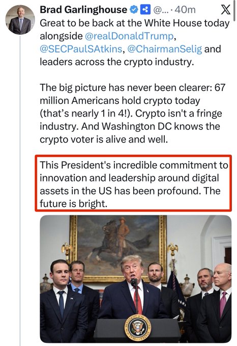This image shows Brad Garlinghouse, CEO of Ripple, speaking at the White House alongside Donald Trump and other leaders in the crypto industry. The accompanying post highlights Garlinghouse's quote, "This President's incredible commitment to innovation and leadership around digital assets in the US has been profound. The future is bright."