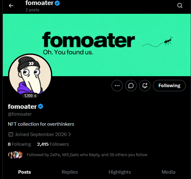 A Twitter/X profile page for 'fomoater' (@fomoater), an NFT collection for overthinkers, with 2,415 followers and a green banner reading 'Oh. You found us.'