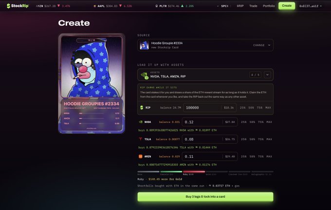 A screenshot of the StockX 'Create' page for minting 'Hoodie Groupies #2334' NFT with various crypto card pricing options.
