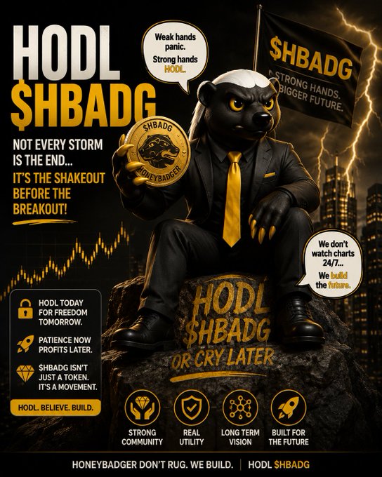 The image is a promotional graphic for "$HBADG" featuring an anthropomorphic honey badger in a suit holding a "$HBADG Honeybadger" coin, seated on a rock inscribed with "HODL $HBADG OR CRY LATER" against a stormy lightning backdrop with a declining candlestick chart. Key slogans include "HODL $HBADG — Not every storm is the end… It's the shakeout before the breakout," along with taglines like "Weak hands panic. Strong hands HODL," "Strong hands, bigger future," and "HODL. Believe. Build." The graphic directly reinforces the post's message, using crypto diamond-hand HODL rhetoric to encourage long-term conviction in the $HBADG token despite market turbulence.