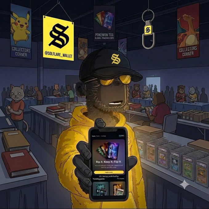 A cartoon bear character wearing a yellow hoodie and a black 'SOLFLARE_WALLET' cap holds a smartphone displaying the app, standing inside a trading card convention with Pokemon and Charizard banners.