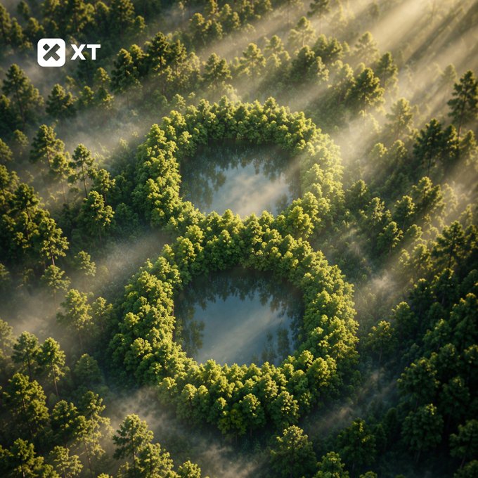 An aerial view of two heart-shaped forest lakes surrounded by lush greenery, with sunlight streaming through mist and the "XT" logo in the top-left corner, symbolizing the love and growth XT exchange has cultivated over 8 years while inviting its community to shape its future.

The image's heart-shaped natural formation visually echoes the post's emotional message of community appreciation and the desire to hear what users love and want to see next from XT.