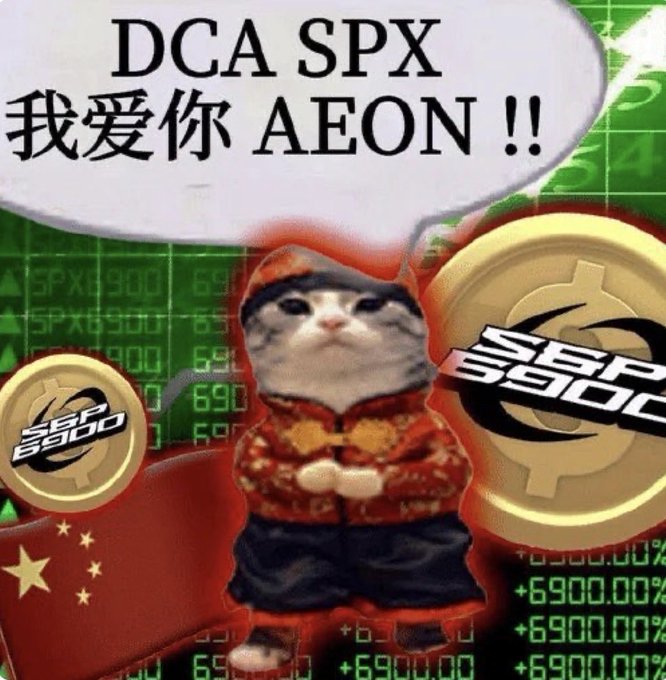 A meme featuring a cat in a Chinese-style outfit with a speech bubble saying "DCA SPX 我爱你 AEON!!" surrounded by S&P 500 logos and Chinese flag imagery.
