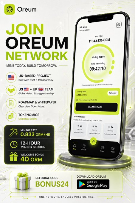 A promotional graphic for the Oreum Network app, featuring a smartphone mockup displaying a dashboard with "1104.6836 ORM" earnings and a "Mining Active" timer at "09:42:10," alongside key details including a 0.833 ORM/HR mining rate, 40 ORM welcome bonus, and the referral code "BONUS24." The image directly mirrors the post's call to "JOIN OREUM NETWORK," highlighting the US-based project's features, whitepaper, and Google Play download availability.
