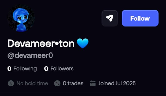 A social media profile for 'Devameer•ton' (@devameer0) showing a blue character avatar, with 0 following, 0 followers, no hold time, 0 trades, and joined July 2025.