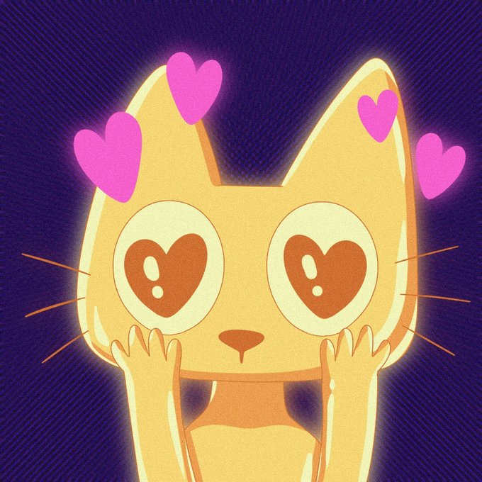 A cartoon cat with heart-shaped eyes and pink hearts floating around its head against a purple background, capturing the excited, lovestruck anticipation of investors who recognize promising established coins but hesitate to buy until momentum kicks in—then rush in all at once.