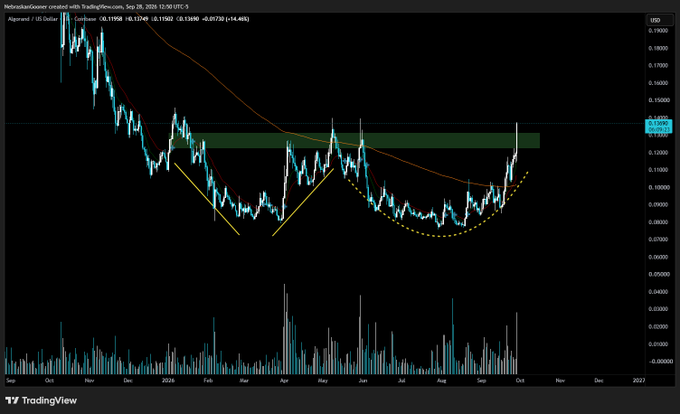 A TradingView candlestick chart of Algorand ($ALGO/USD) on the Coinbase exchange, dated September 28, 2026, shows the price at 0.13749 after gaining 4.46%, with the recent breakout from a rounded "Adam and Eve bottom" pattern (highlighted by the dotted yellow curve) pushing price into a green resistance zone above the 50-day moving average.