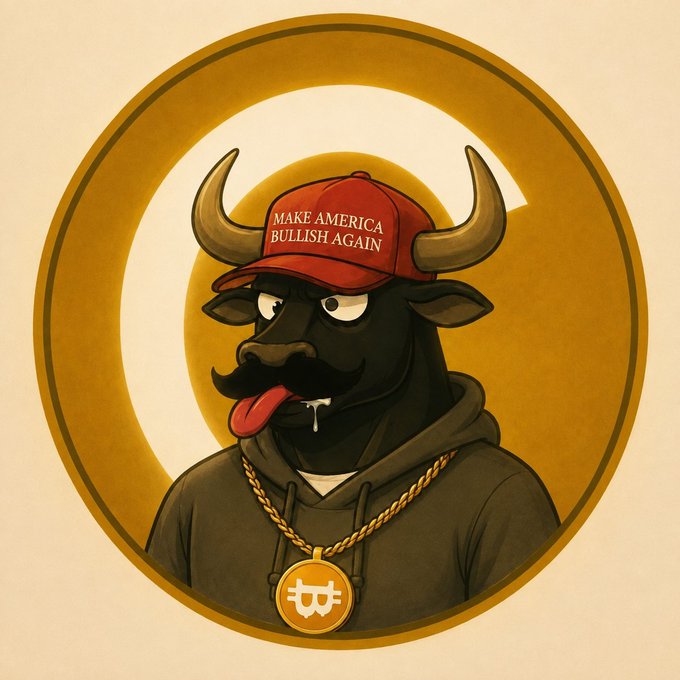 A cartoon bull character wearing a red 'MAKE AMERICA BULLISH AGAIN' cap and a gold Bitcoin necklace, set against a gold Bitcoin logo background.