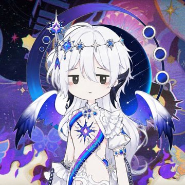 An anime-style illustration of a character with long white hair, blue and white frilly dress, angel wings, and a starry crown against a cosmic purple background.
