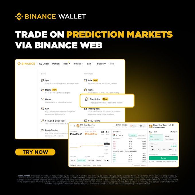 An advertisement for 'BINANCE WALLET' promoting trading on prediction markets via Binance Web, showing screenshots of the trading interface with Bitcoin price information and a 'TRY NOW' button.