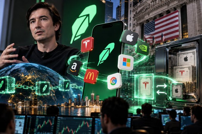 A digital composite featuring a man in a black shirt, a smartphone with a green leaf icon, and logos for Tesla, Apple, Amazon, Microsoft, Google, and McDonald's, set against a backdrop of the New York Stock Exchange and American flag, with crypto-themed blockchain graphics.
