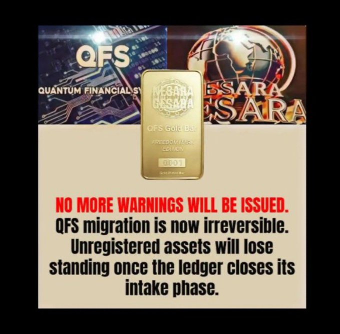 A crypto-themed poster shows “QFS,” “QUANTUM FINANCIAL SYSTEM,” “QFS Gold Bar,” and “BSARA,” with the warning: “NO MORE WARNINGS WILL BE ISSUED. QFS migration is now irreversible. Unregistered assets will lose standing once the ledger closes its intake phase.”
