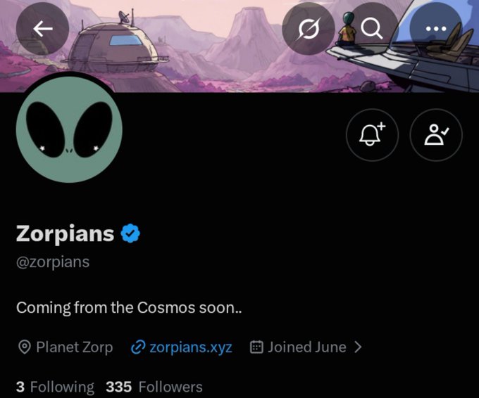 A screenshot of the Twitter/X profile for 'Zorpians' (@zorpians) with the bio 'Coming from the Cosmos soon..', located on 'Planet Zorp', with 3 Following and 335 Followers.