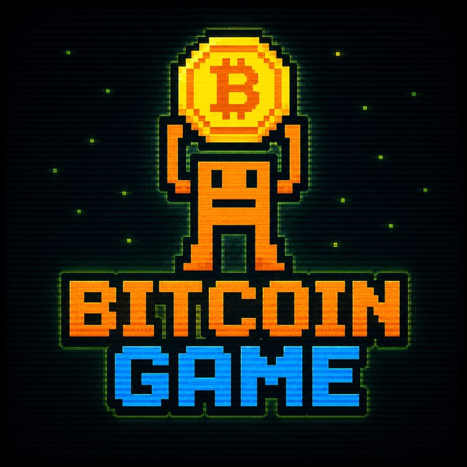 A pixel-art style logo features a robot character holding up a large Bitcoin coin above its head, with the text "BITCOIN GAME" displayed prominently in orange and blue block letters below, all set against a dark background with green pixel accents. The retro gaming aesthetic aligns with the post's "#BitGame" announcement, using the Bitcoin imagery to represent the game's crypto theme on the Solana network.