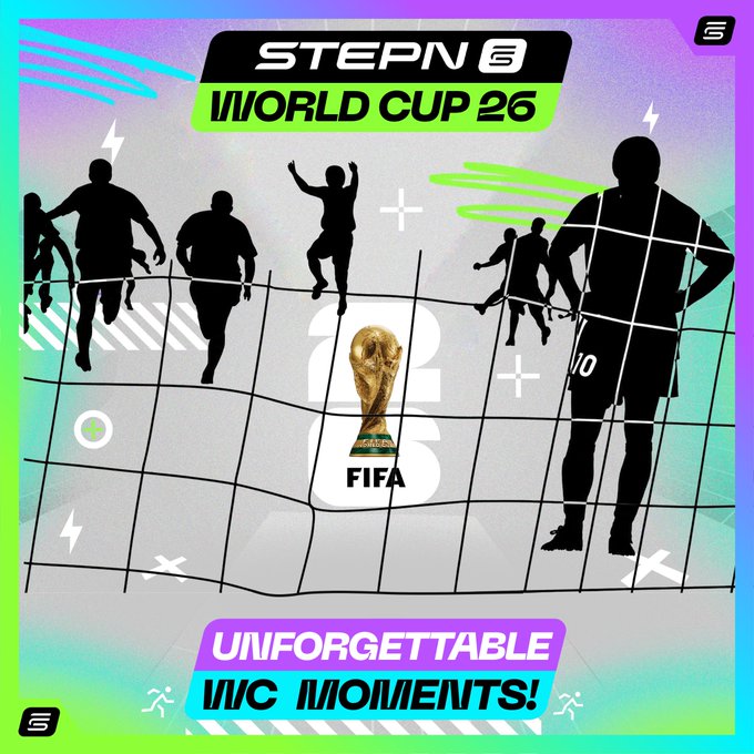 The image features a poster for the World Cup 2016 featuring silhouettes of soccer players against a colorful background with text that reads "14 Days Until World Cup 2026... With only 14 days left until the World Cup the #STEPN community is already getting into football mode and anticipating a special football-themed STEPN event Before the tournament kicks off, we're testing the community's football". The poster includes a trophy for FIFA, which is placed in the center of the image.