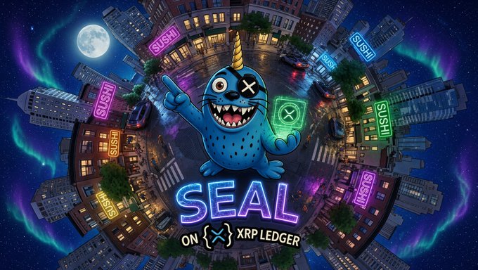 A digital illustration featuring a blue, one-eyed monster with a unicorn horn and sharp teeth, labeled "SEAL ON {X} XRP LEDGER" against a circular cityscape background.