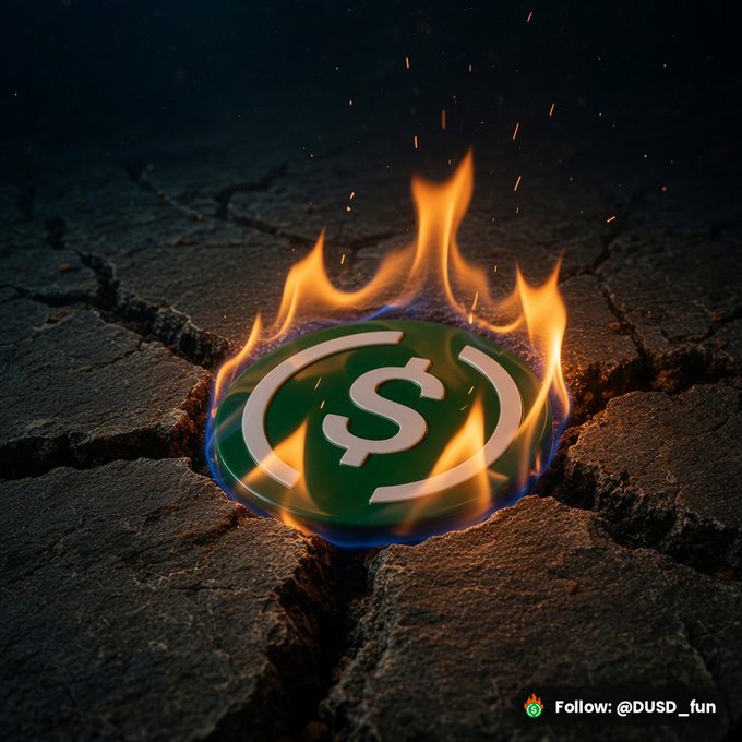 A 3D-rendered graphic showing a green cryptocurrency coin with a dollar sign engulfed in flames, sitting on cracked earth, with 'Follow: @DUSD_fun' text.