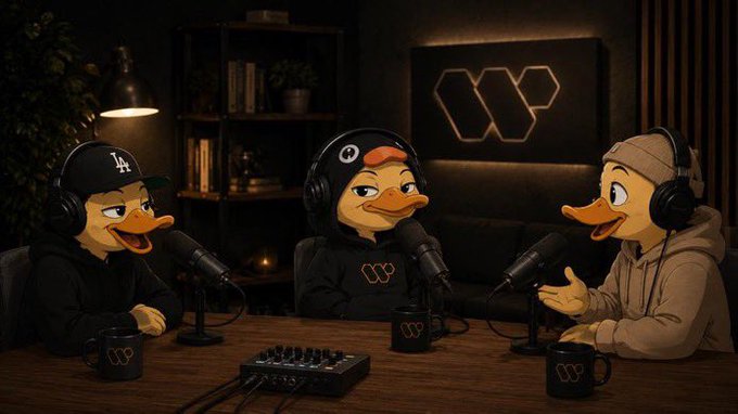 iced coffee and a mug with "W" logo are on the table, while three cartoon ducks listen to an interviewee wearing a black hat and holding a microphone.