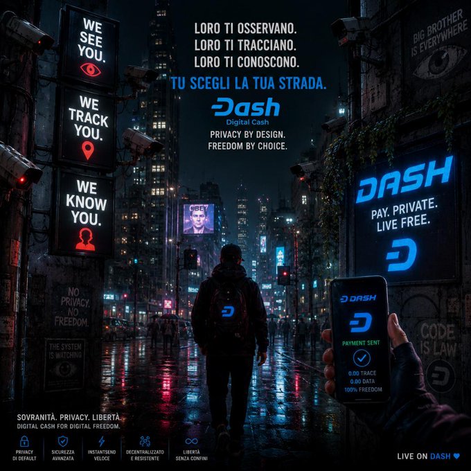 A DASH Digital Cash advertisement with Italian text 'LORO TI OSSERVANO. LORO TI TRACCIANO. LORO TI CONOSCONO. TU SCEGLI LA TUA STRADA.' emphasizing 'Privacy by Design. Freedom by Choice' and '100% Freedom.'