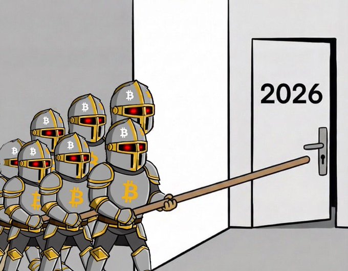 A cartoon illustration shows a group of knights in gray armor with Bitcoin logos marching with a spear toward a white door labeled '2026.'