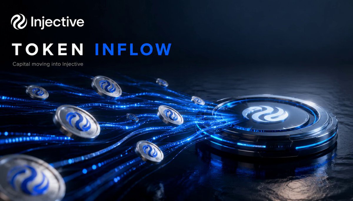 The image features a large blue circle with a white logo that says "Injective" at the top, surrounded by numerous small circles of varying sizes scattered across the frame. The background appears to be black, providing a stark contrast to the vibrant colors of the circles and the white logo. Below the logo, there is text that reads "Token Inflow", indicating that the image is related to the concept of token inflow in an ecosystem.