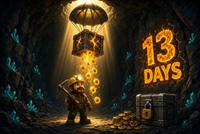 A digital illustration depicts a miner in a cave as a chest suspended by a parachute drops glowing gold coins, with '13 DAYS' displayed in fiery text.